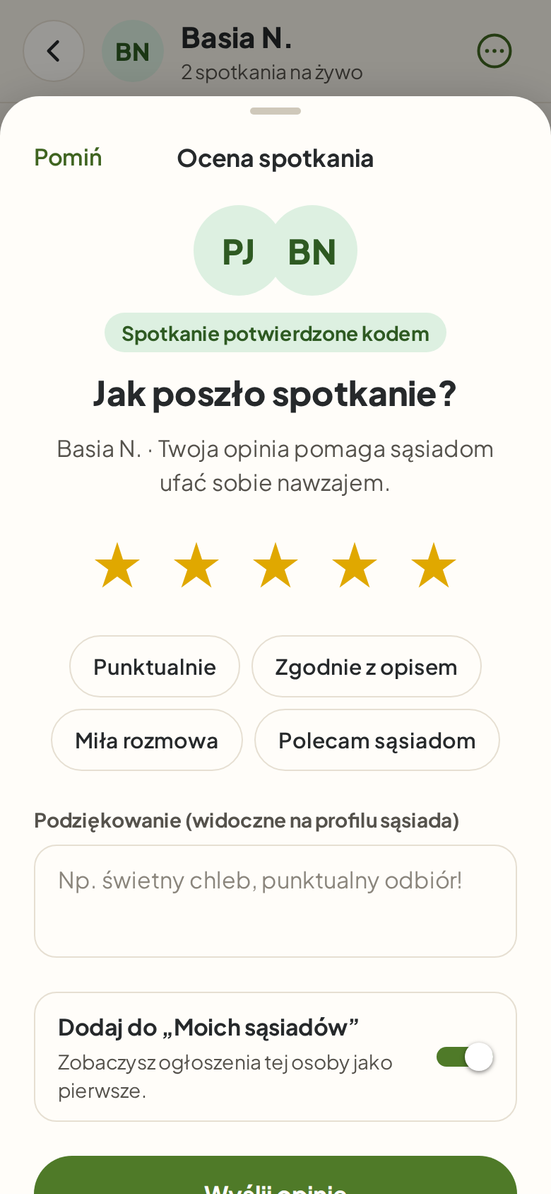 Ocena spotkania z Anią i przełącznik Dodaj do Moich sąsiadów